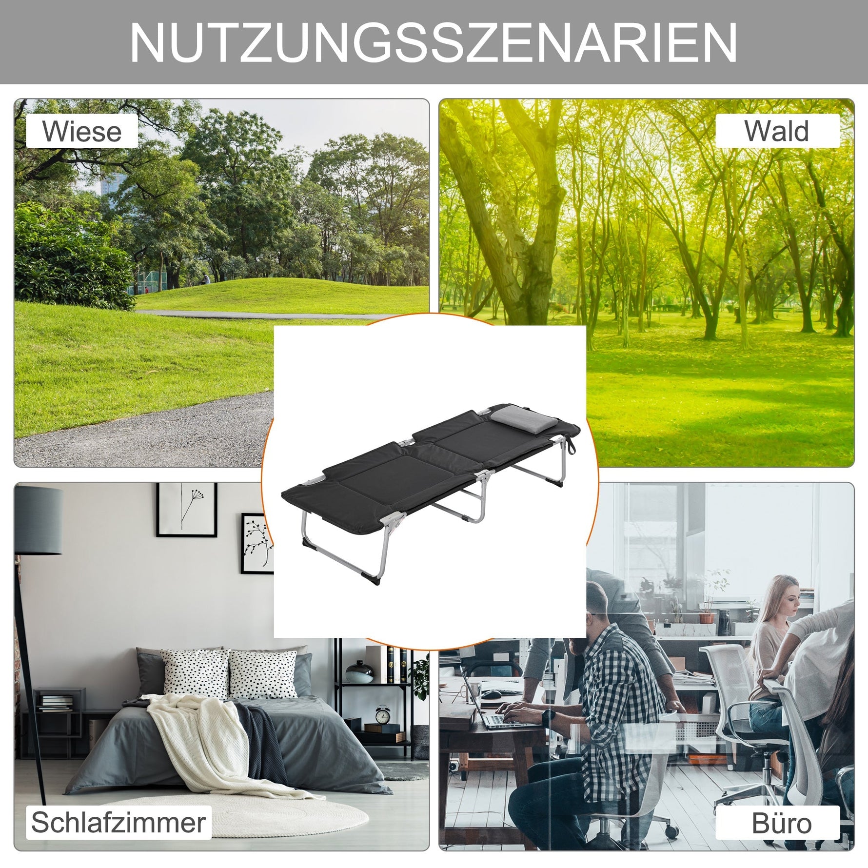 Folding Camping Bed Lightweight Portable with Pillow, Black Silver