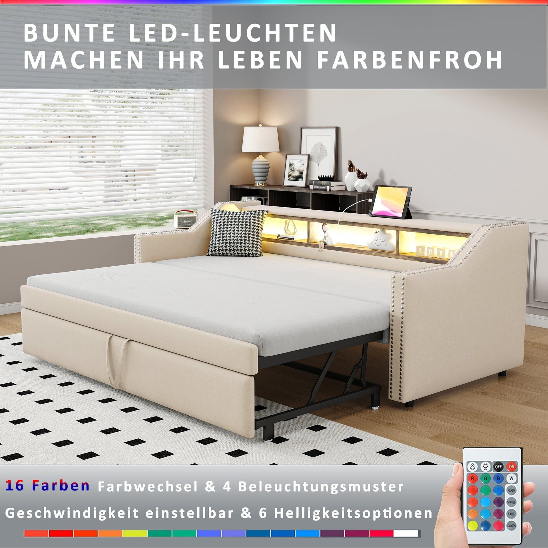 Upholstered Extendable Sofa Bed 90/180x190cm Storage LED USB - Beige