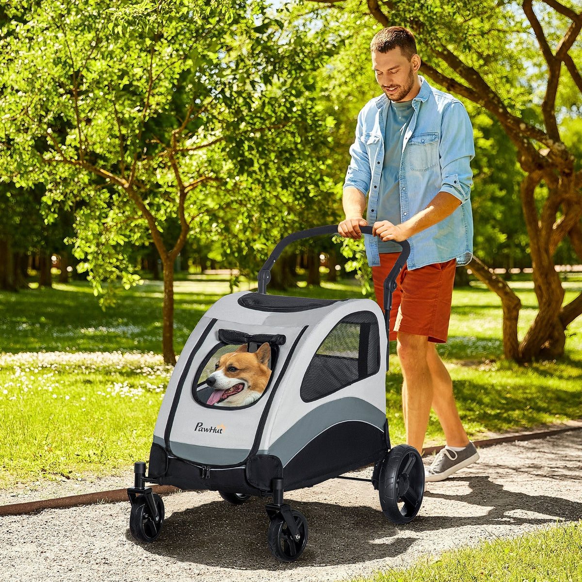 Dog Stroller, Foldable 4 Wheels Mesh Window, Oxford Fabric