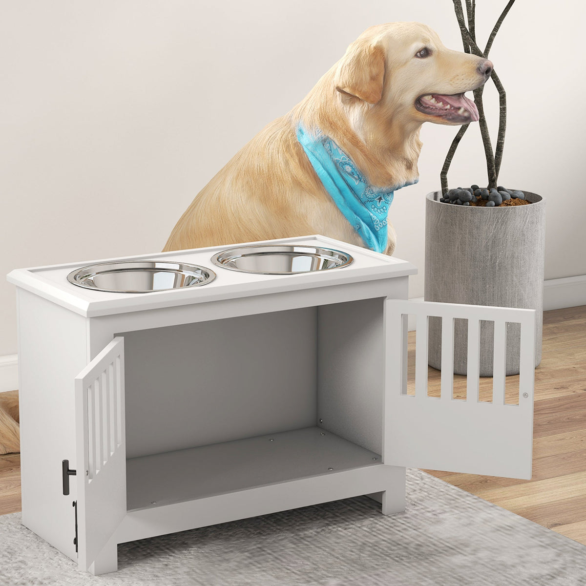 Elevated Pet Feeder, 2L Bowl, Storage, Lock, White