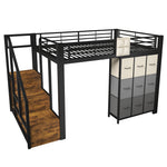 Loft Bed 140x200cm with Storage Stairs & Drawers, Black Metal