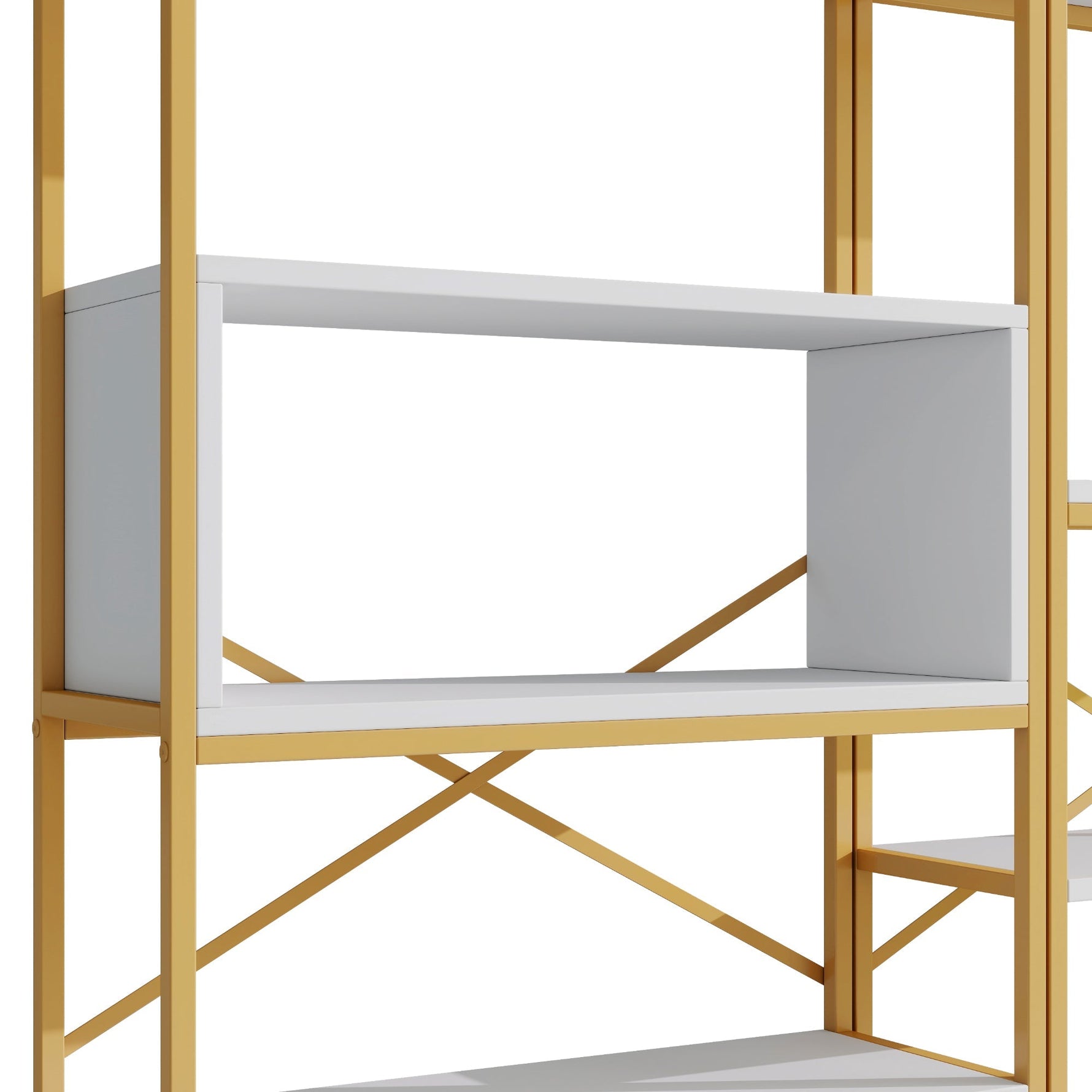 Modern Minimalist Shelf with Multi-Tier Storage and Steel Frame, Gold and White