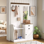 Wardrobe Set with Mirror, Hooks, Drawers & Umbrella Stand, Wood and White