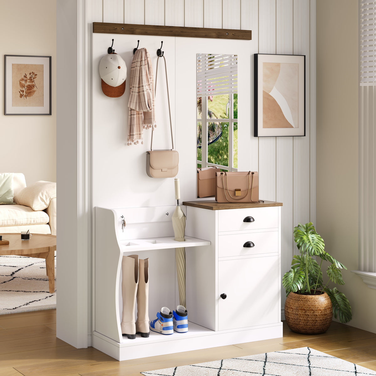 Wardrobe Set with Mirror, Hooks, Drawers & Umbrella Stand, Wood and White
