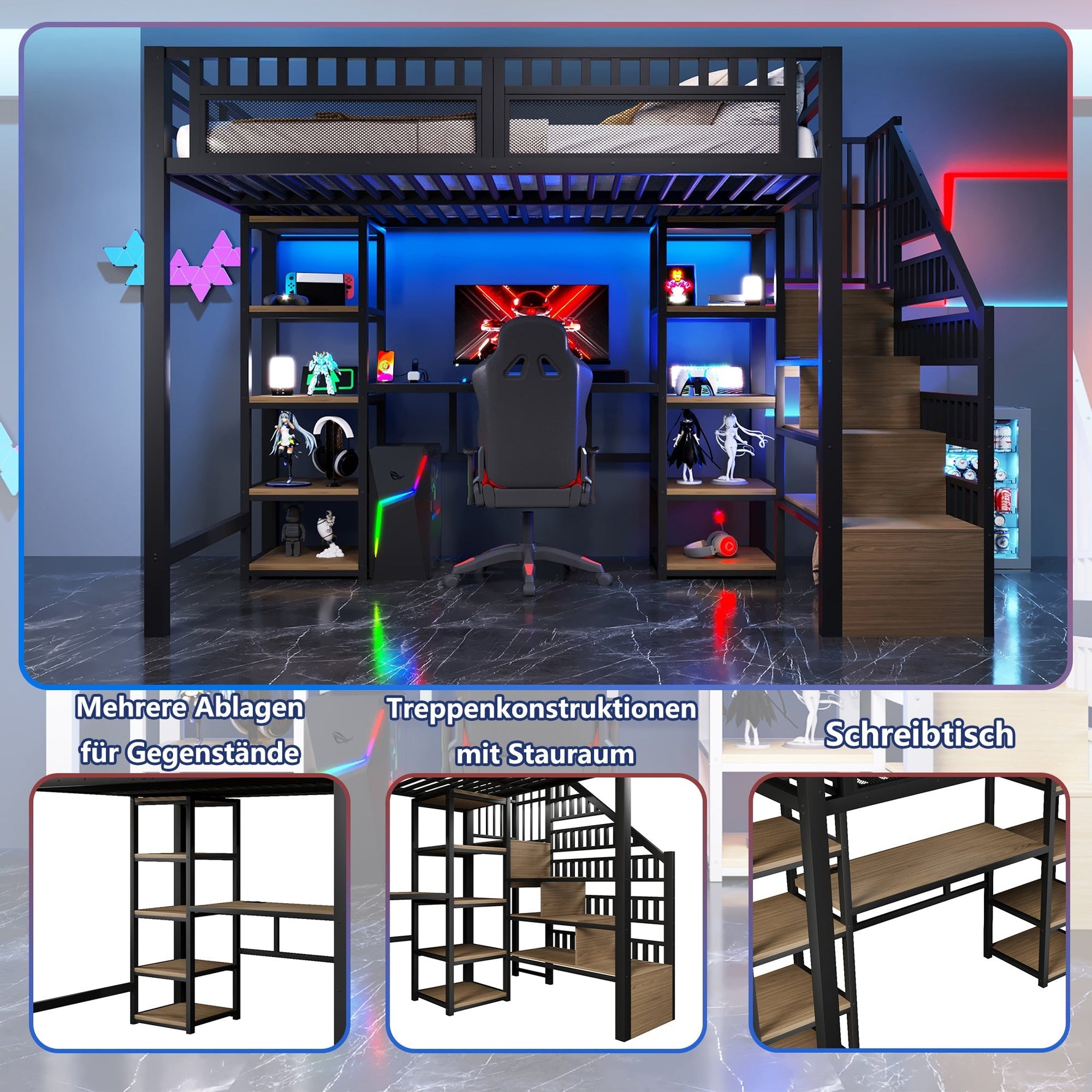 Loft Bed with Desk, Storage Ladder and LED Strip, Black Iron Frame
