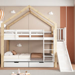 House Bunk Bed with Slide & 2 Drawers, 90x200cm, Solid Wood White