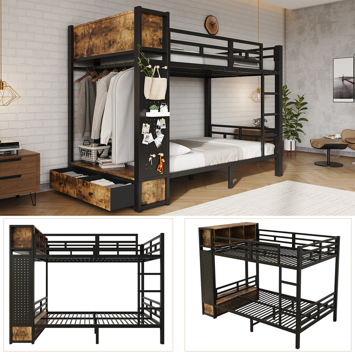 Bunk Bed 120x200 cm with Multifunctional Storage System, Black Metal