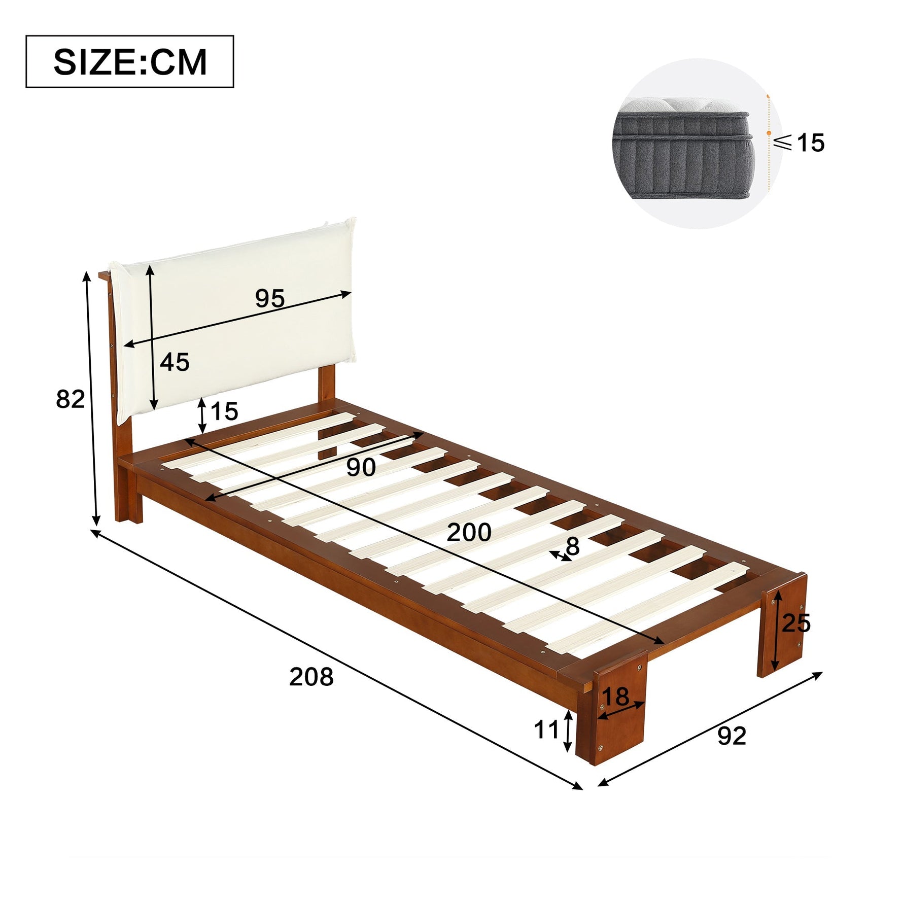 Upholstered Single Bed with Padded Headboard and Slatted Base, Dark Brown