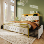 Upholstered Double Bed, USB-C Charging, APP-Control LED, 4 Drawers, Velvet