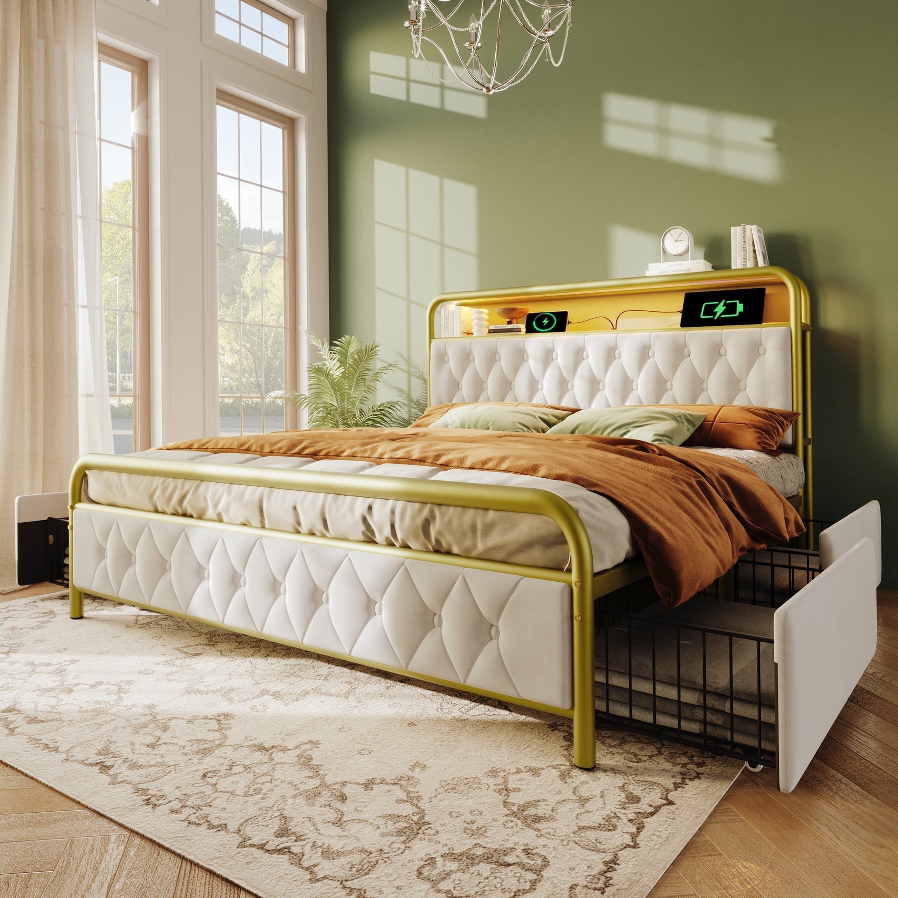 Upholstered Double Bed, USB-C Charging, APP-Control LED, 4 Drawers, Velvet