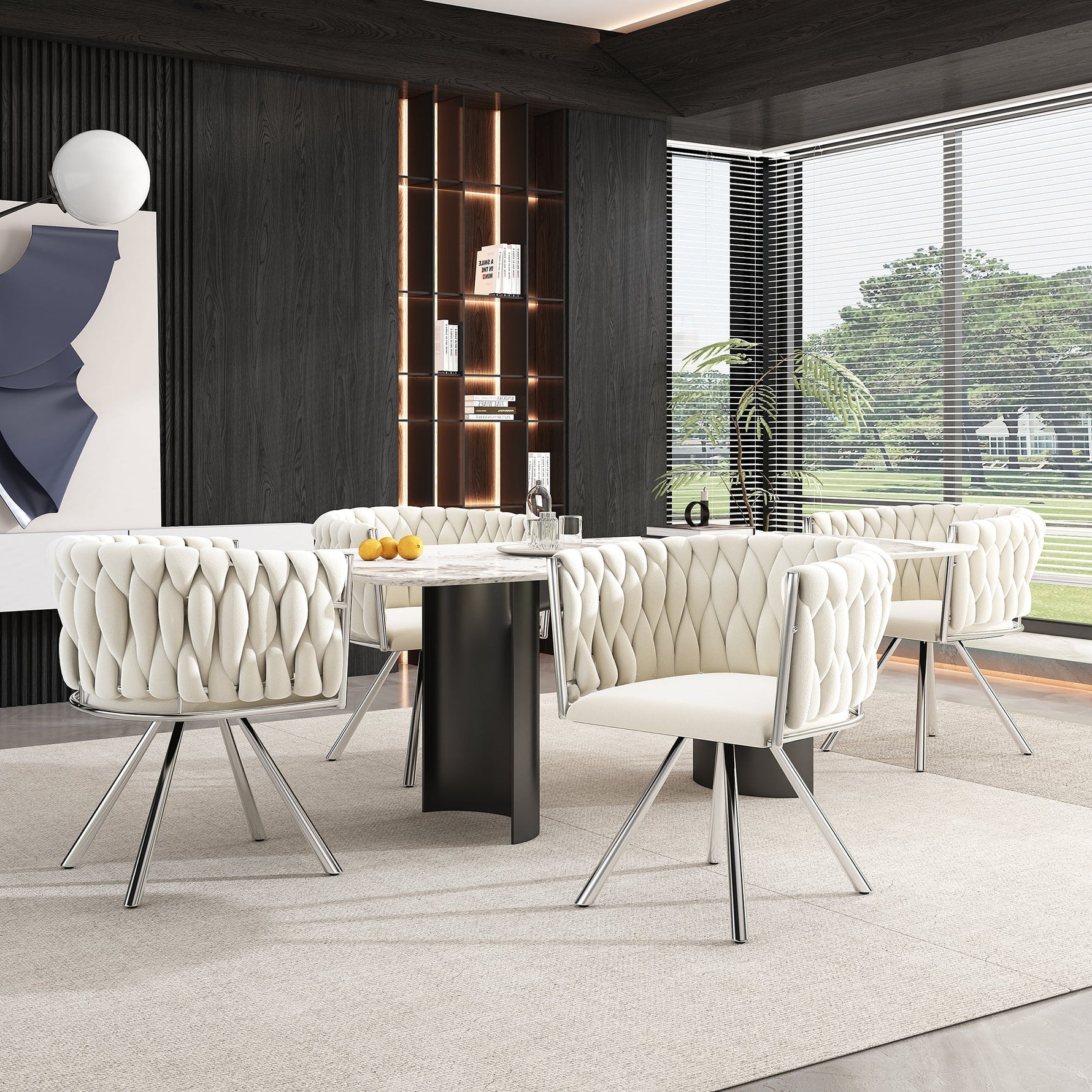 Velvet Dining Chair Set of 6 Swivel Metal Legs - Beige/Silver
