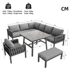 Garden Furniture Set Rope Corner Sofa Adjustable Legs Tempered Glass - Grey