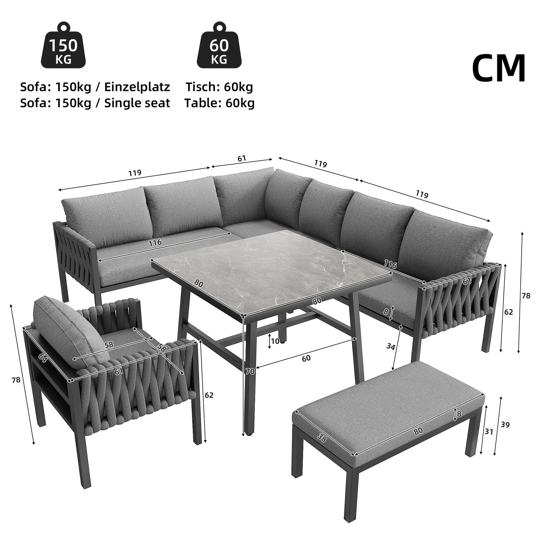 Garden Furniture Set Rope Corner Sofa Adjustable Legs Tempered Glass - Grey