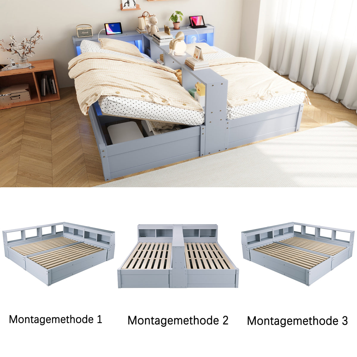 Sofa Bed 90/180x200cm with Hydraulic Storage & LED, Grey Wood