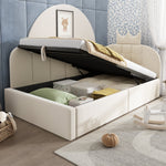 L-Shaped Upholstered Daybed with Hydraulic Storage and Crown-Lattice Design, 90x190cm, Beige Velvet
