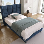 Modern design upholstered bed, single with slatted frame 90x200cm, blue linen