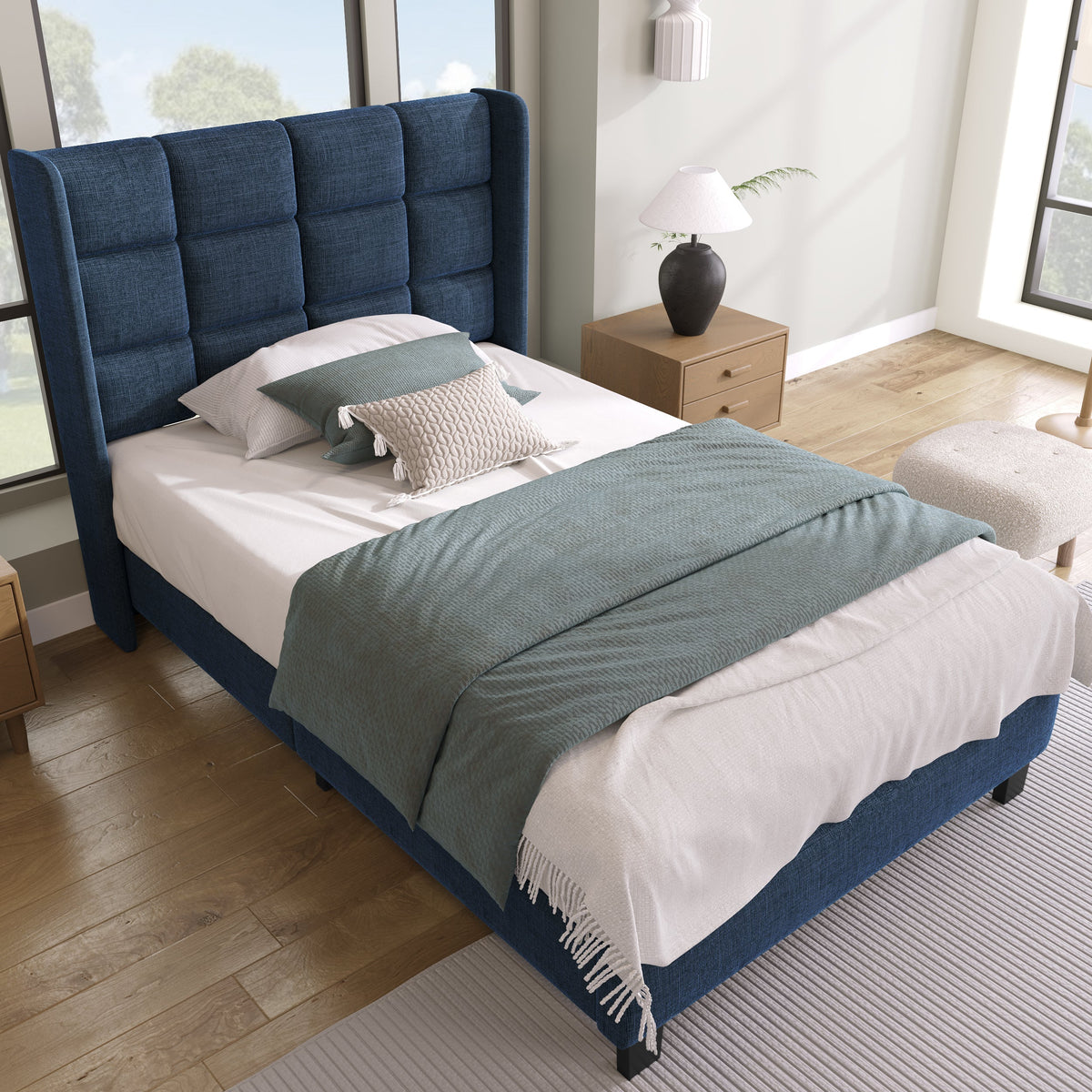 Modern design upholstered bed, single with slatted frame 90x200cm, blue linen