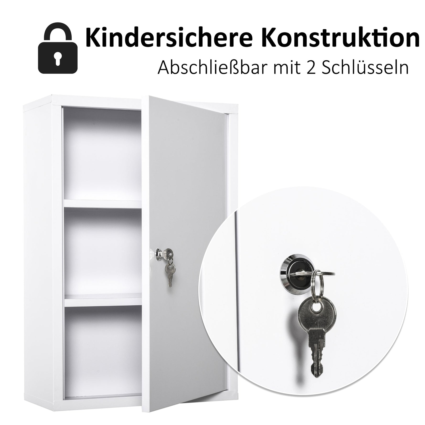 Kleankin first aid cabinet, medicine cabinet with 3 compartments, lockable, white steel