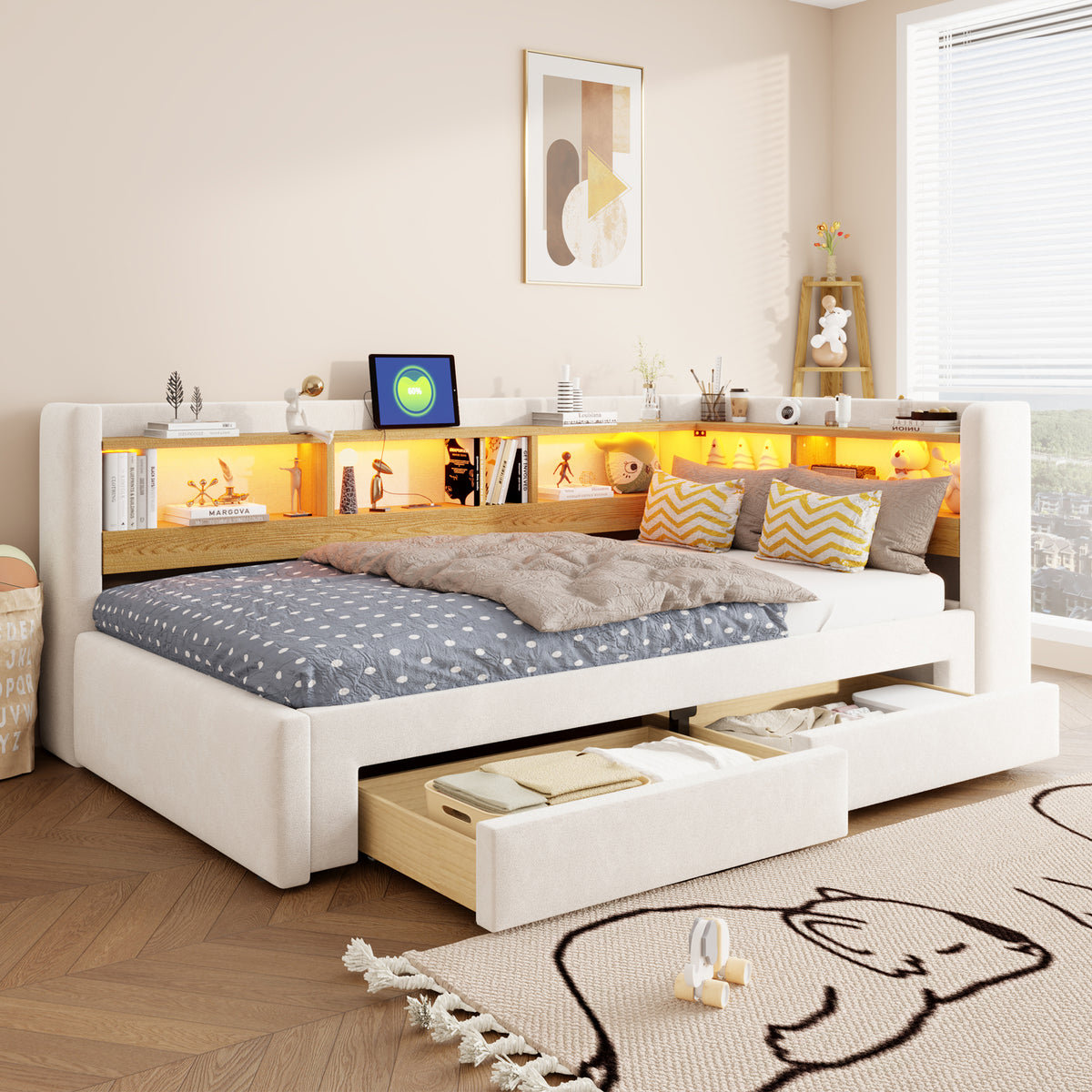 3-in-1 Sofa Bed 90x200 Extendable Daybed with LED & Drawers
