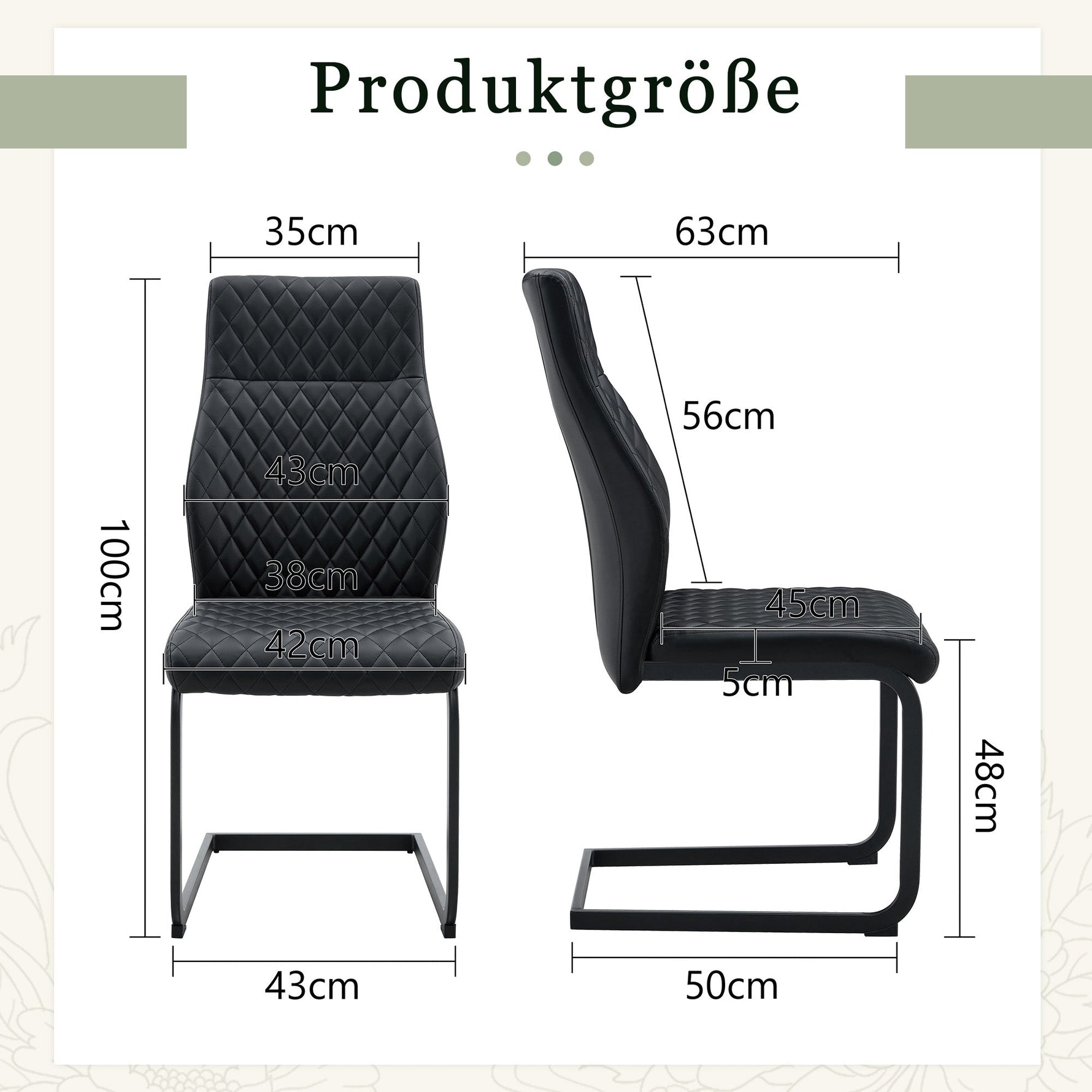 Dining Chair Set of 2 with High Backrest and Diamond Pattern, Black Metal Frame and PU Leather