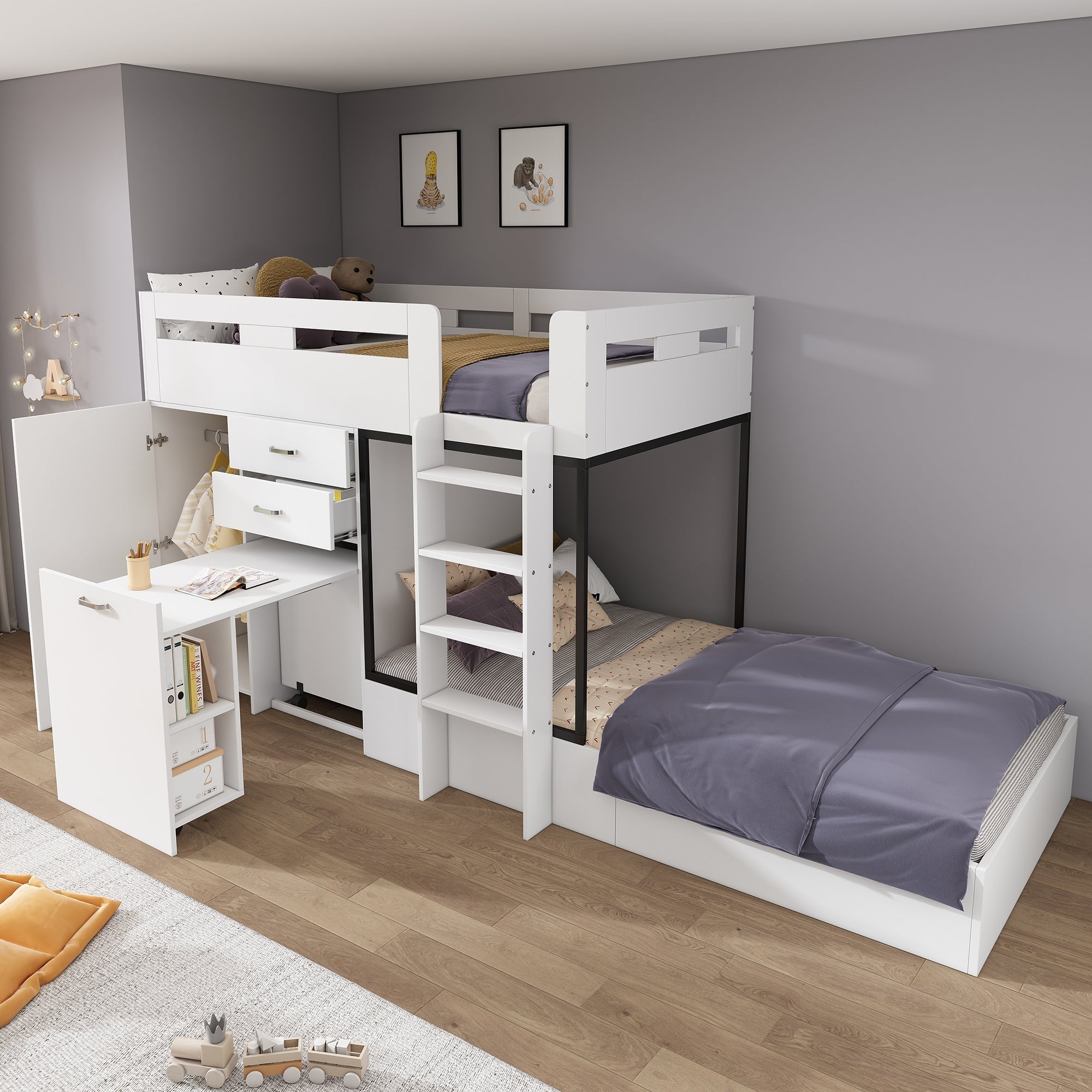 Children's Bunk Bed with Pull-out Desk, Wardrobe, Storage, White