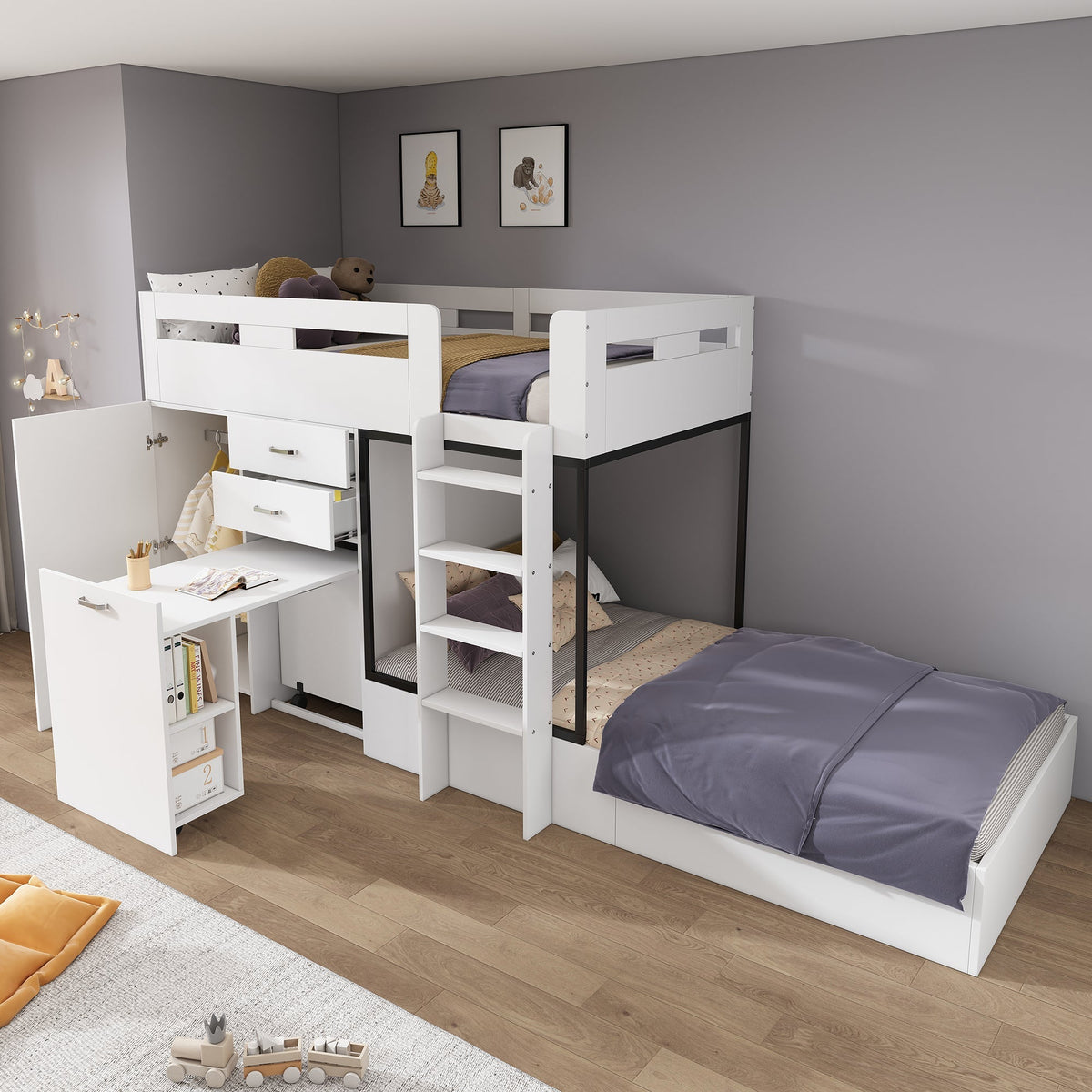 Children's Bunk Bed with Pull-out Desk, Wardrobe, Storage, White