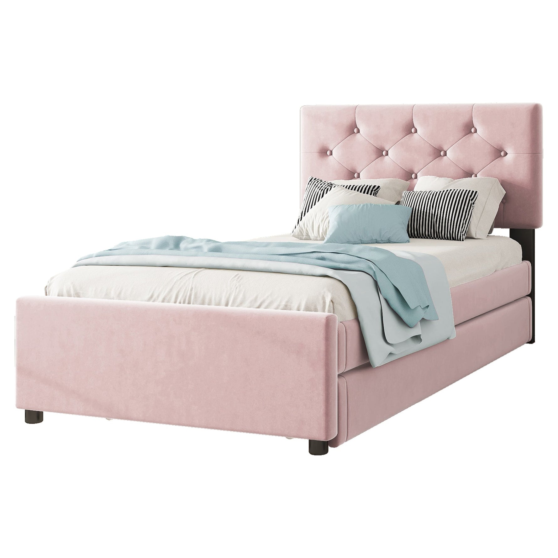 Upholstered Bed 90x200cm with Slatted Base and Rolling Storage, Pink Velvet