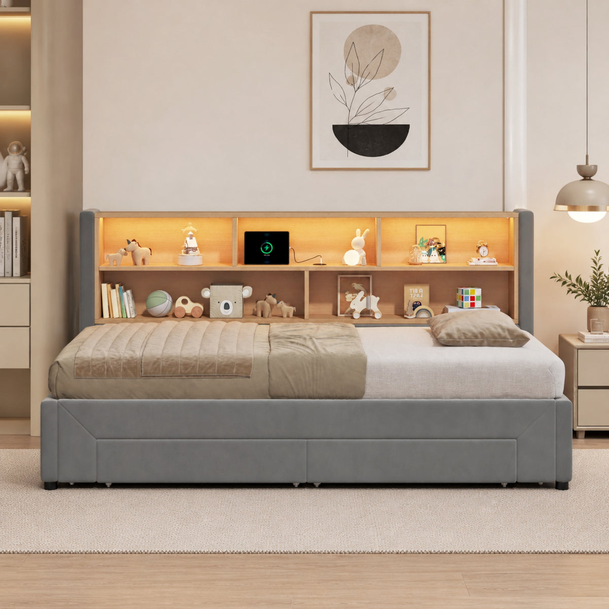 Upholstered Daybed, Extendable with 2 Drawers & USB, Grey Velvet