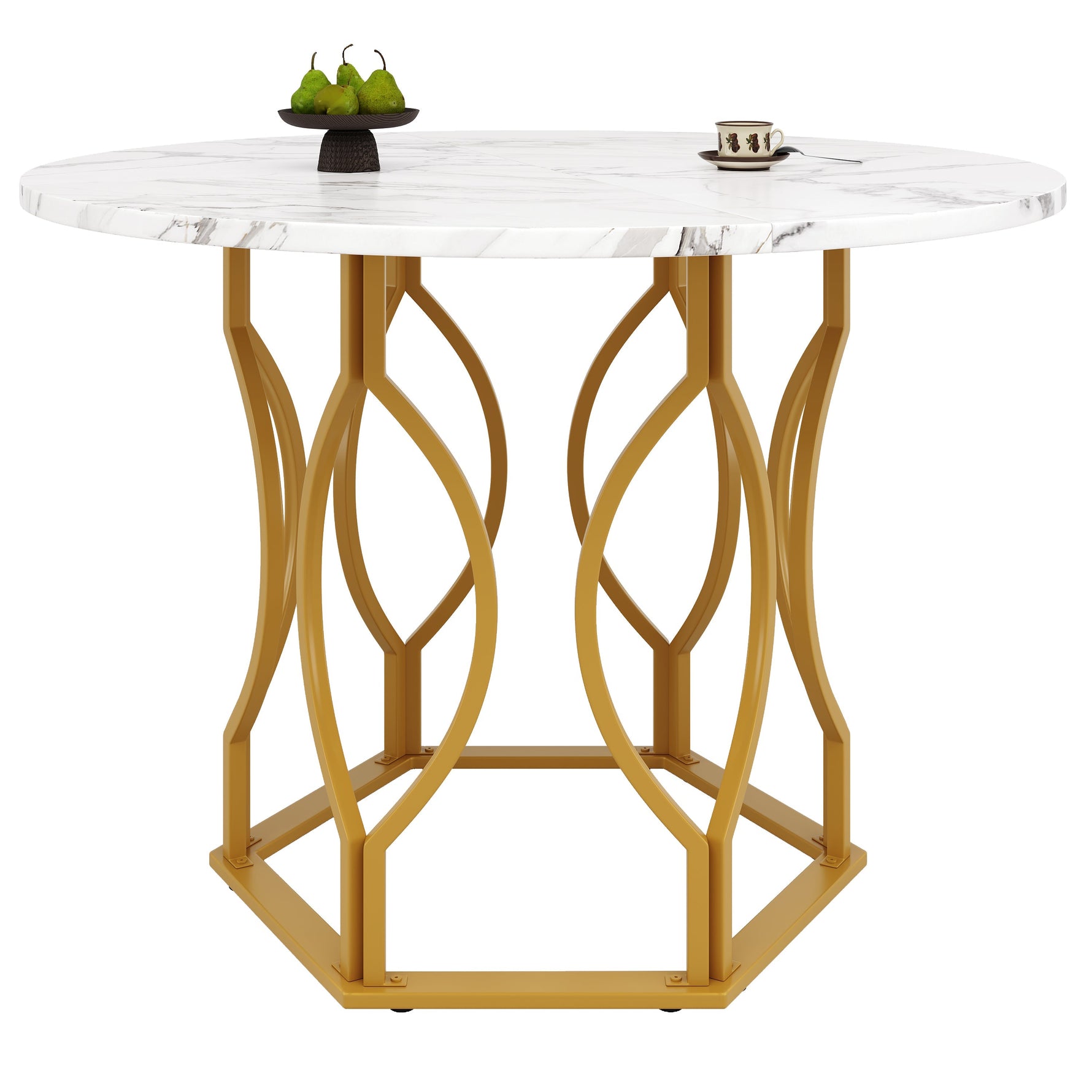 Dining Table Set 5-Piece Round 100cm Gold Metal Legs White MDF Dark Green Velvet