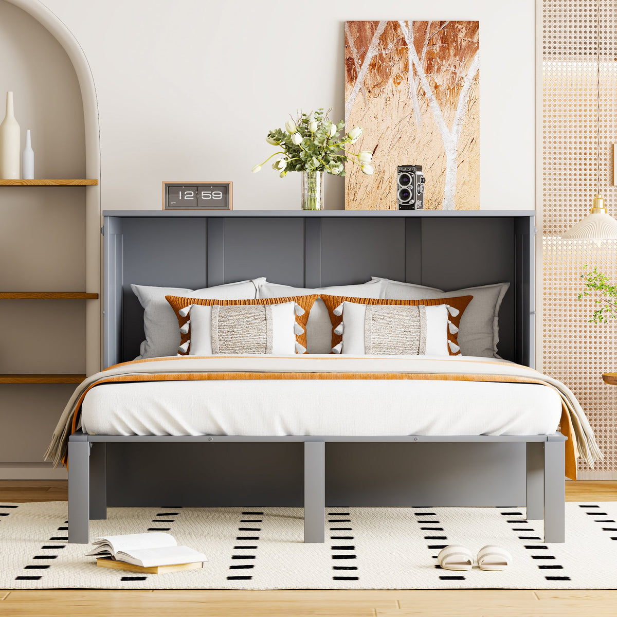 Wall bed 140x200cm with Slatted Base, Folding Vertical Youth Bed, Grey