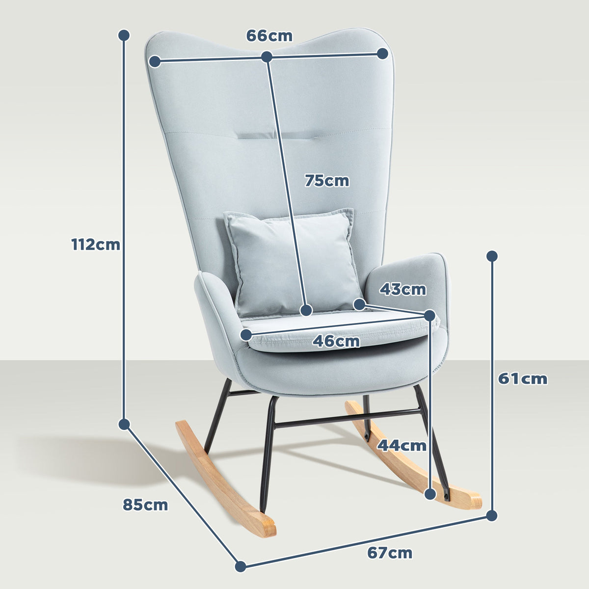Rocking Chair, Armrests, Velvet Look, Light Grey