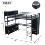 Iron Loft Bed, Double Storage, Desk & Wardrobe, Black 140x200cm