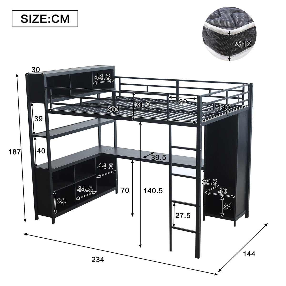 Iron Loft Bed, Double Storage, Desk & Wardrobe, Black 140x200cm