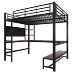 Loft Bed with Desk, USB Sockets, LED Strip and Pegboard, Black Metal Frame