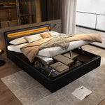 Upholstered Bed with LED Headboard, Storage and Slatted Base, 140x200cm, Black Faux Leather and Wood