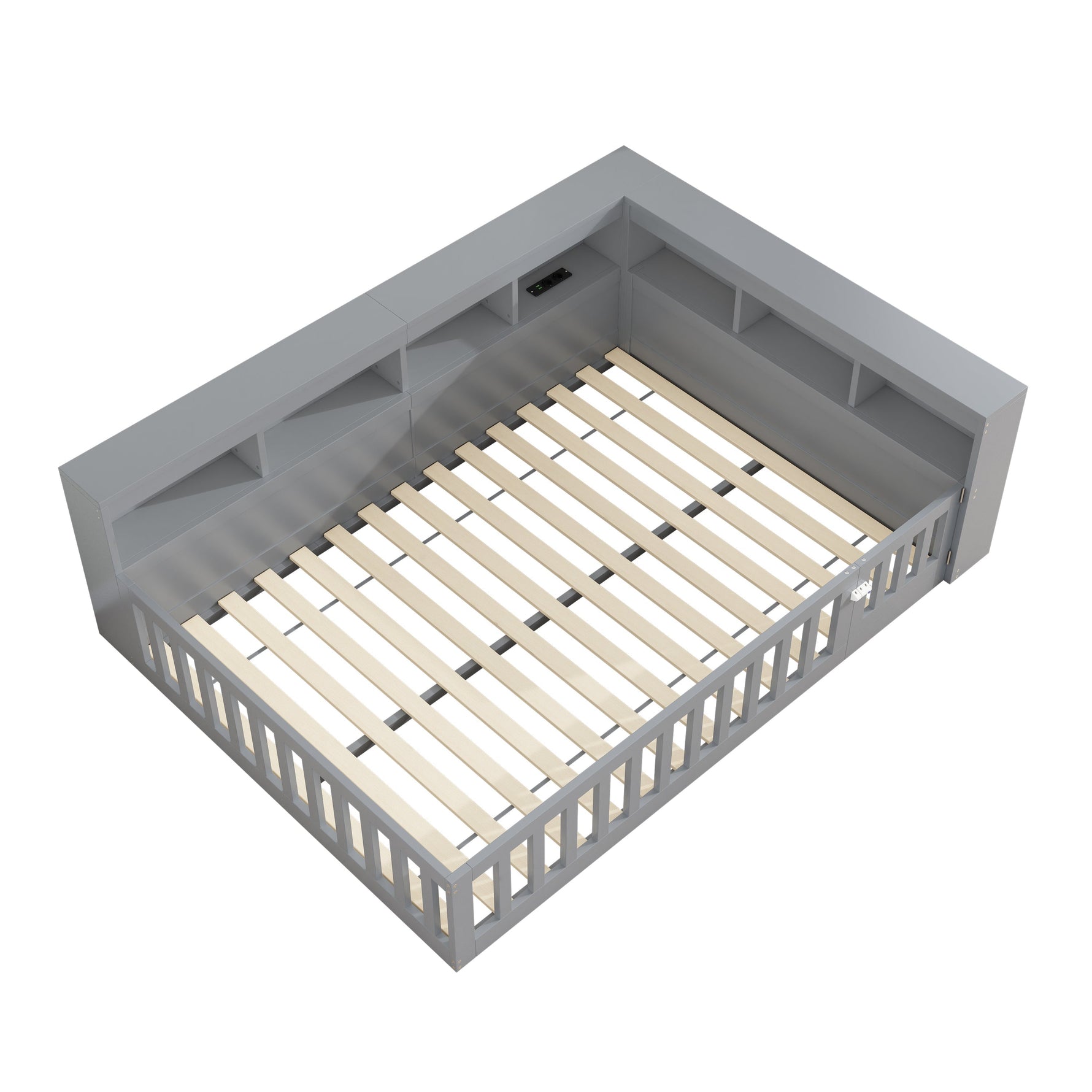 Daybed with Storage and USB Ports, 140x190cm Sofa Bed with Slatted Base and Railing, Grey Chipboard