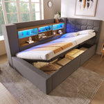 Upholstered Single Bed with LED, Hydraulic Storage and L-Shaped Headboard, 90x200cm, Grey Linen