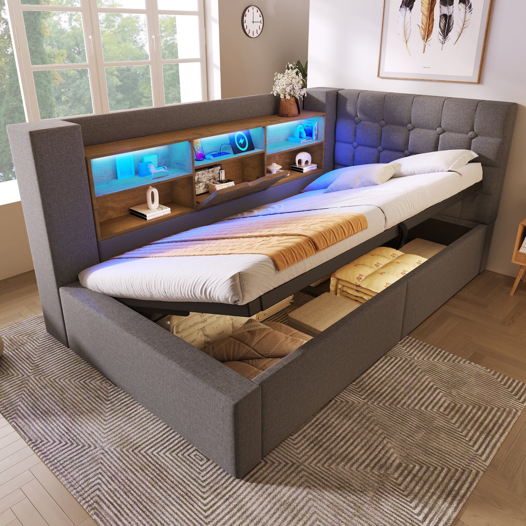 Upholstered Single Bed with LED, Hydraulic Storage and L-Shaped Headboard, 90x190cm, Grey Linen Fabric