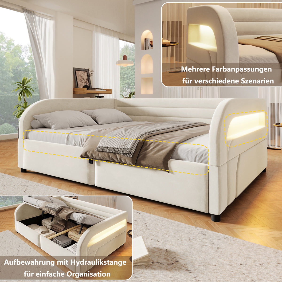 Upholstered Platform Bed 140x200, Hydraulic Storage & LED, Beige