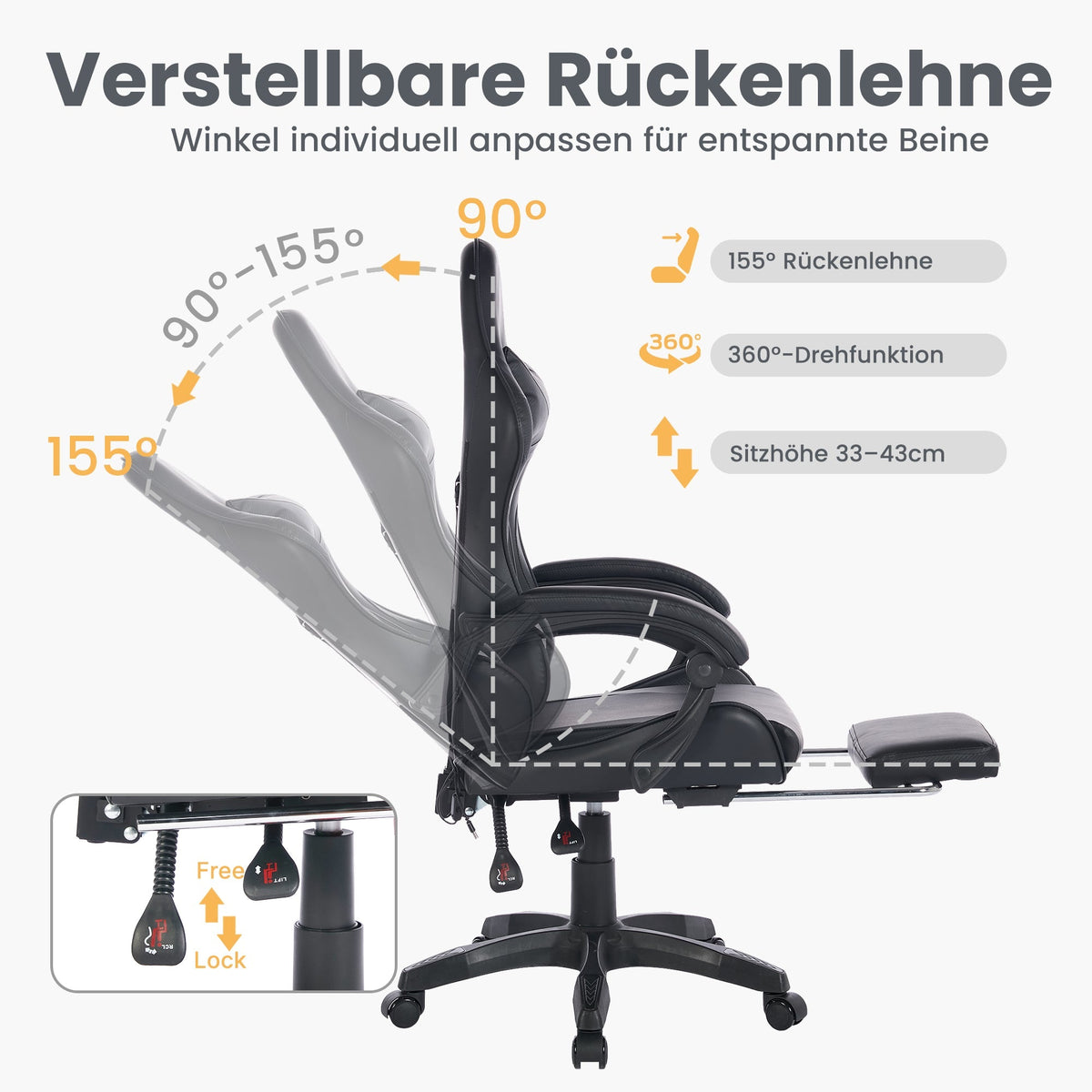 Gaming Chair Ergonomic Racing High-Back Swivel Adjustable Footrest Headrest Lumbar Support Leather Black