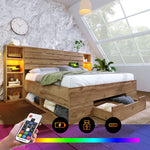 Double Bed 160x200 Storage LED/USB Headboard Drawers Solid Wood Oak