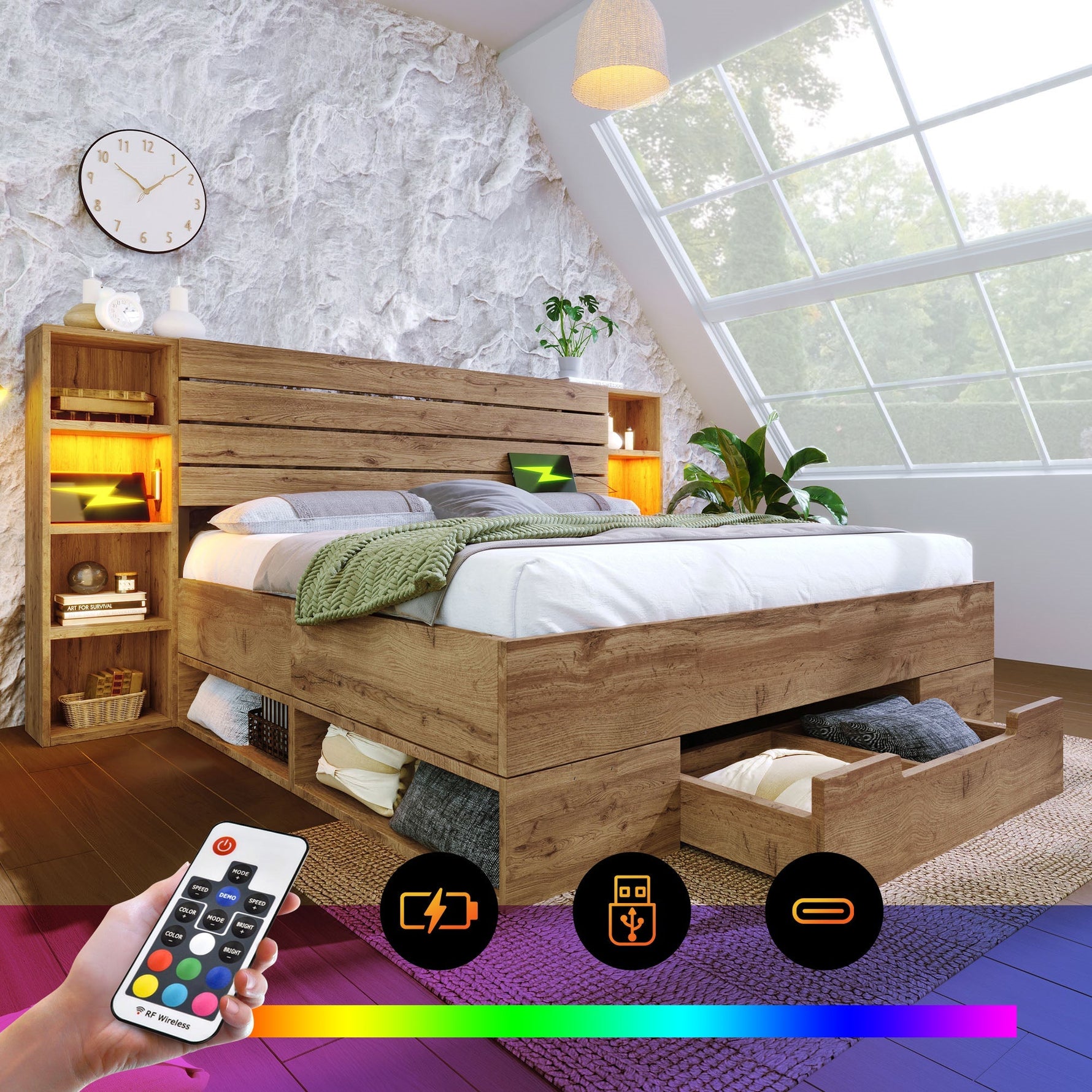Double Bed 160x200 Storage LED/USB Headboard Drawers Solid Wood Oak