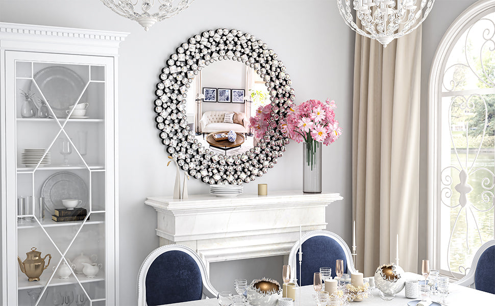 Wall Mirror, Round Crystal Accent 34 inch
