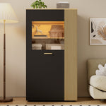 Modern Storage Cabinet, 16-Color LED Lights, Adjustable Shelves, Cable Management, PB with Glass Doors