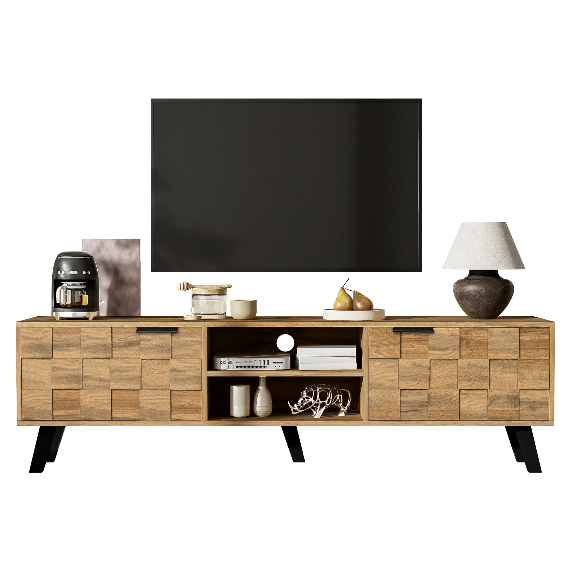 Modern TV Cabinet with 2 Doors, 2 Open Compartments - 160.5 x 35.5 x 45 cm