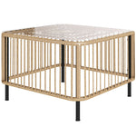 Polyrattan Garden Table, Weatherproof Side Table with Glass Top, Natural Wood