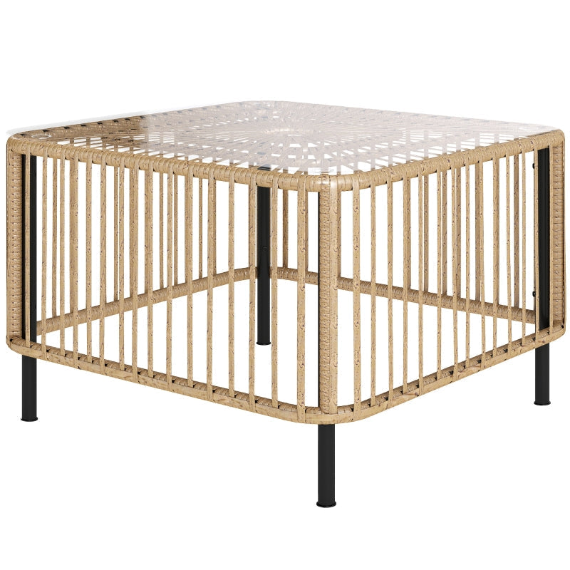 Polyrattan Garden Table, Weatherproof Side Table with Glass Top, Natural Wood