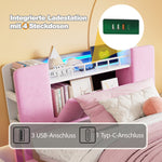 Smart Upholstered Bed for Children with LED, USB, and Hydraulic Storage, Pink Velvet