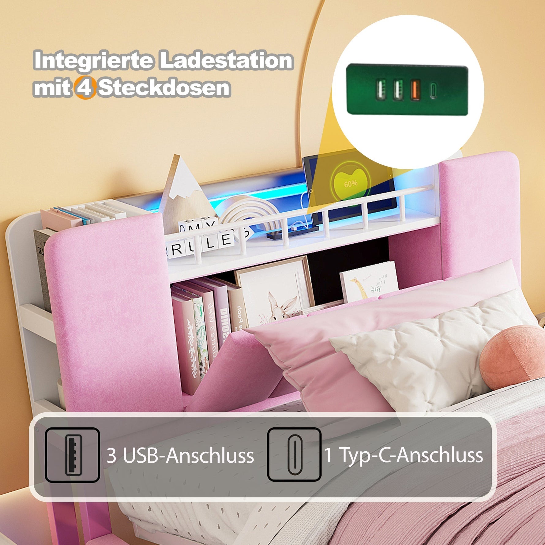 Smart Upholstered Bed for Children with LED, USB, and Hydraulic Storage, Pink Velvet