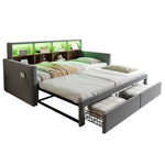 Extendable Upholstered Sofa Bed with Storage Headboard, LED Lights and Charging Ports, Dark Grey Velvet